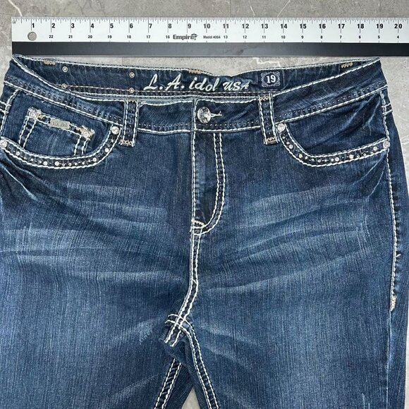LA Idol Jeans Womens 19 Embellished Embroidered Dark Wash Bedazzled 41x34 - Picture 10 of 12
